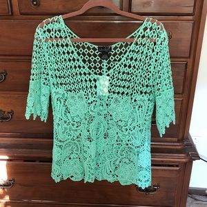 Mint green open lace work top L QUESTIONS